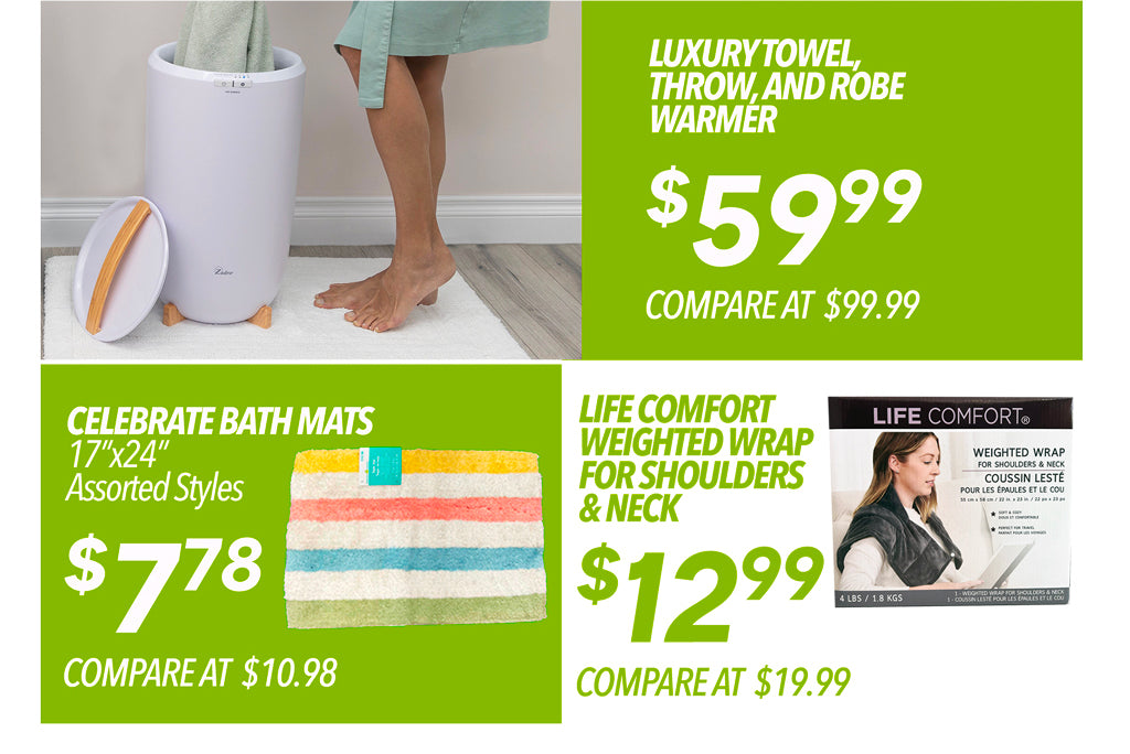 LUXURY TOWEL THROW, AND ROBE WARMER €59.99, CELEBRATE BATH MATS €7.78 , LIFE COMFORT WEIGHTED WRAP FOR SHOULDERS & NECK €12.99